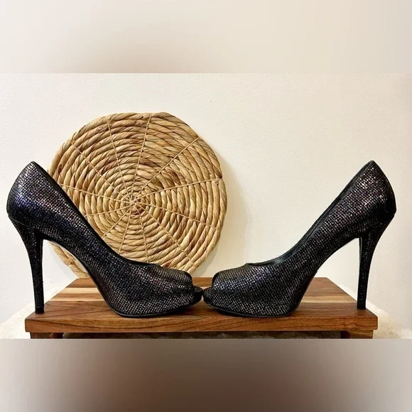 Stuart Weitzman Evabaton Perp Toe Platform Evening Pumps Iris Glitter Size 8.5